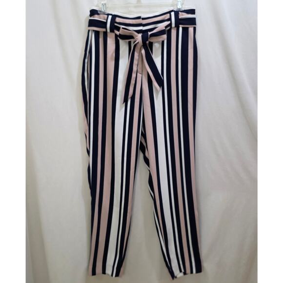 Express Ankle High Rise Striped Paperbag Pockets Sash Tie Pants, Size 6 Regular - Picture 1 of 6